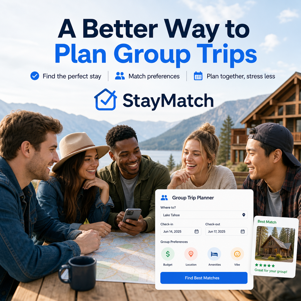 Group of friends planning a trip together on the StayMatch group trip planner app