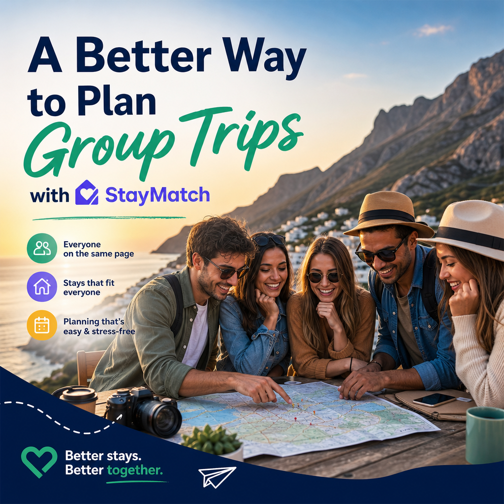 Group of friends planning a trip outdoors with StayMatch for stress-free group travel