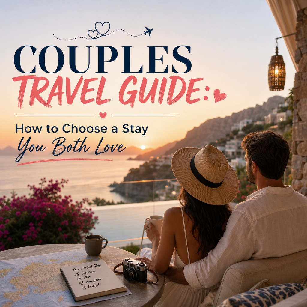Couple relaxing on a balcony with scenic ocean views during a romantic vacation stay