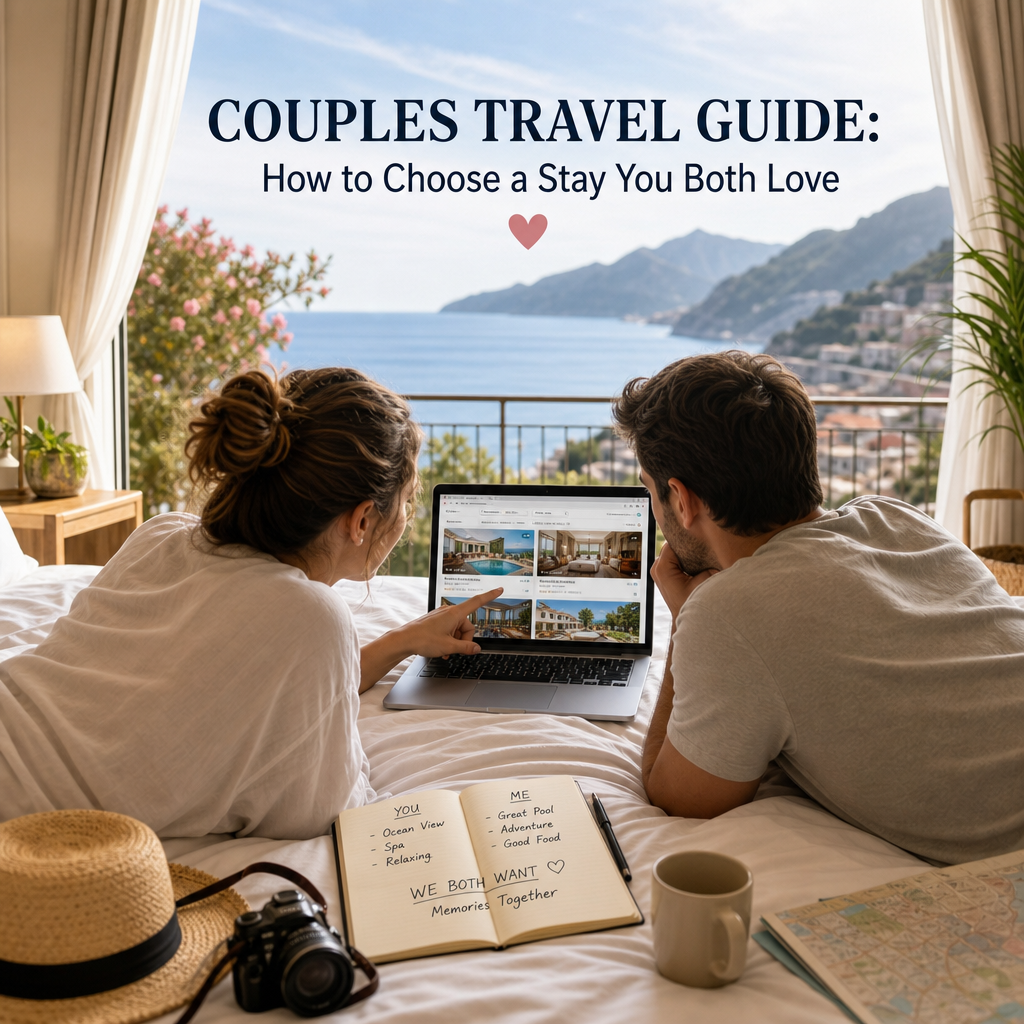 Couple planning a romantic vacation together with a laptop and travel guide.