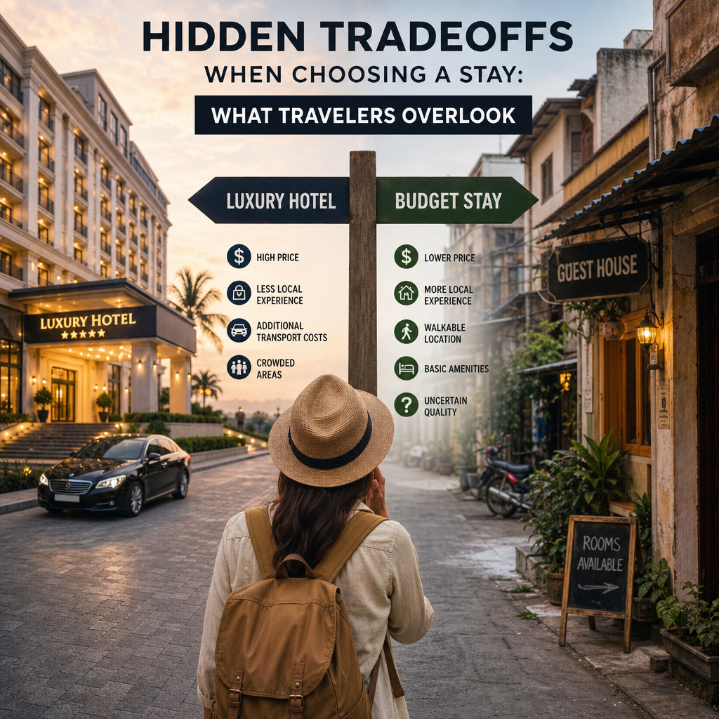 Comparison chart of luxury hotels and budget stays, highlighting hidden tradeoffs for travelers.