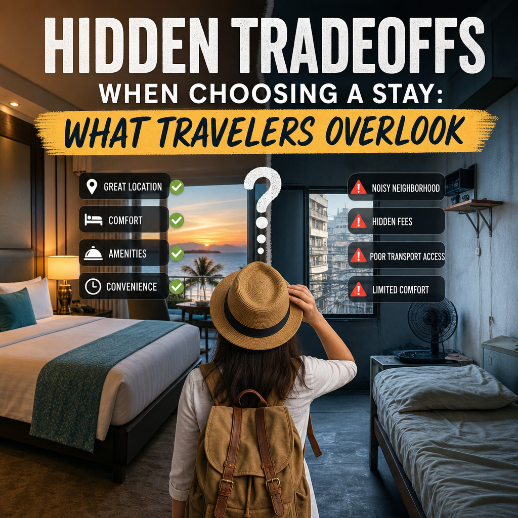 Illustration of travel accommodation tradeoffs: location, comfort, amenities, convenience, noise, and access.