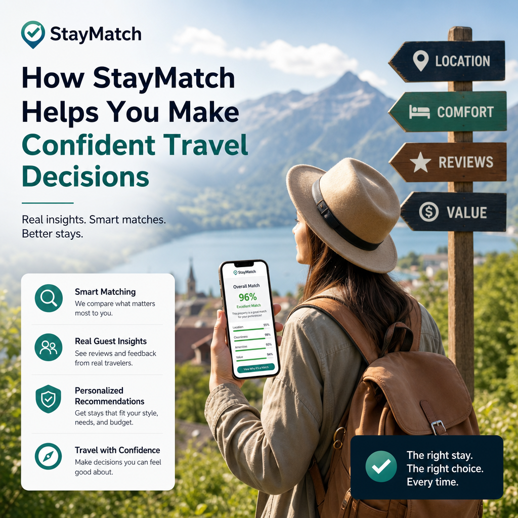 StayMatch app screen showing smart travel matching, guest insights, personalized recommendations, and reliable reviews