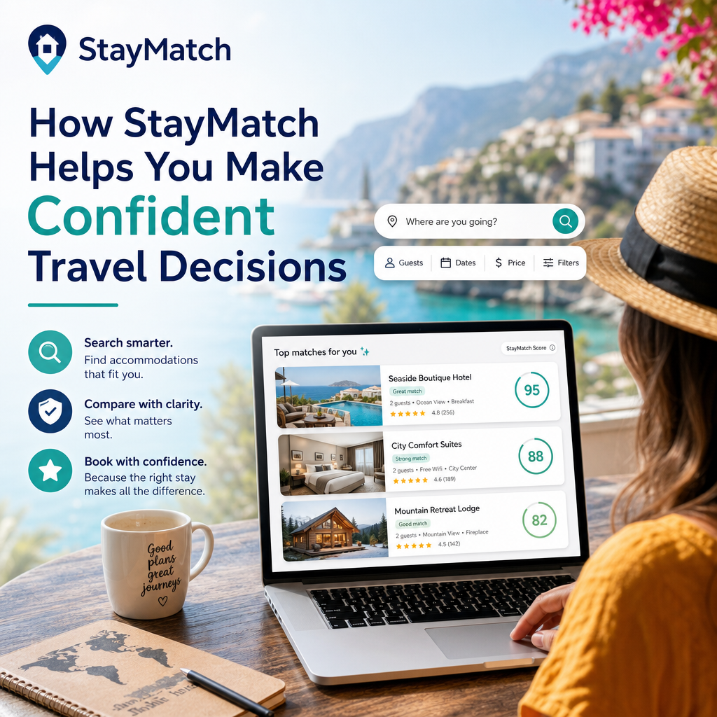 StayMatch travel platform showing accommodation search, comparison, and booking interface on a laptop and phone.