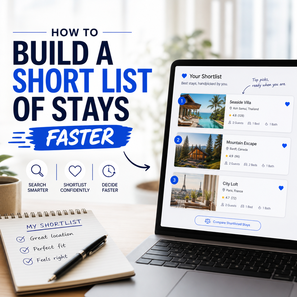Laptop showing a travel booking app with a shortlist of vacation stays for quick comparisons