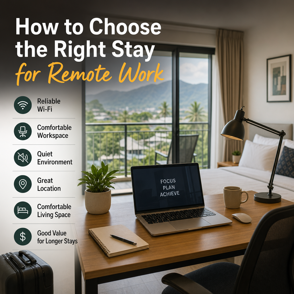Cozy remote work setup with laptop on a desk, comfortable chair, and scenic window view for productivity