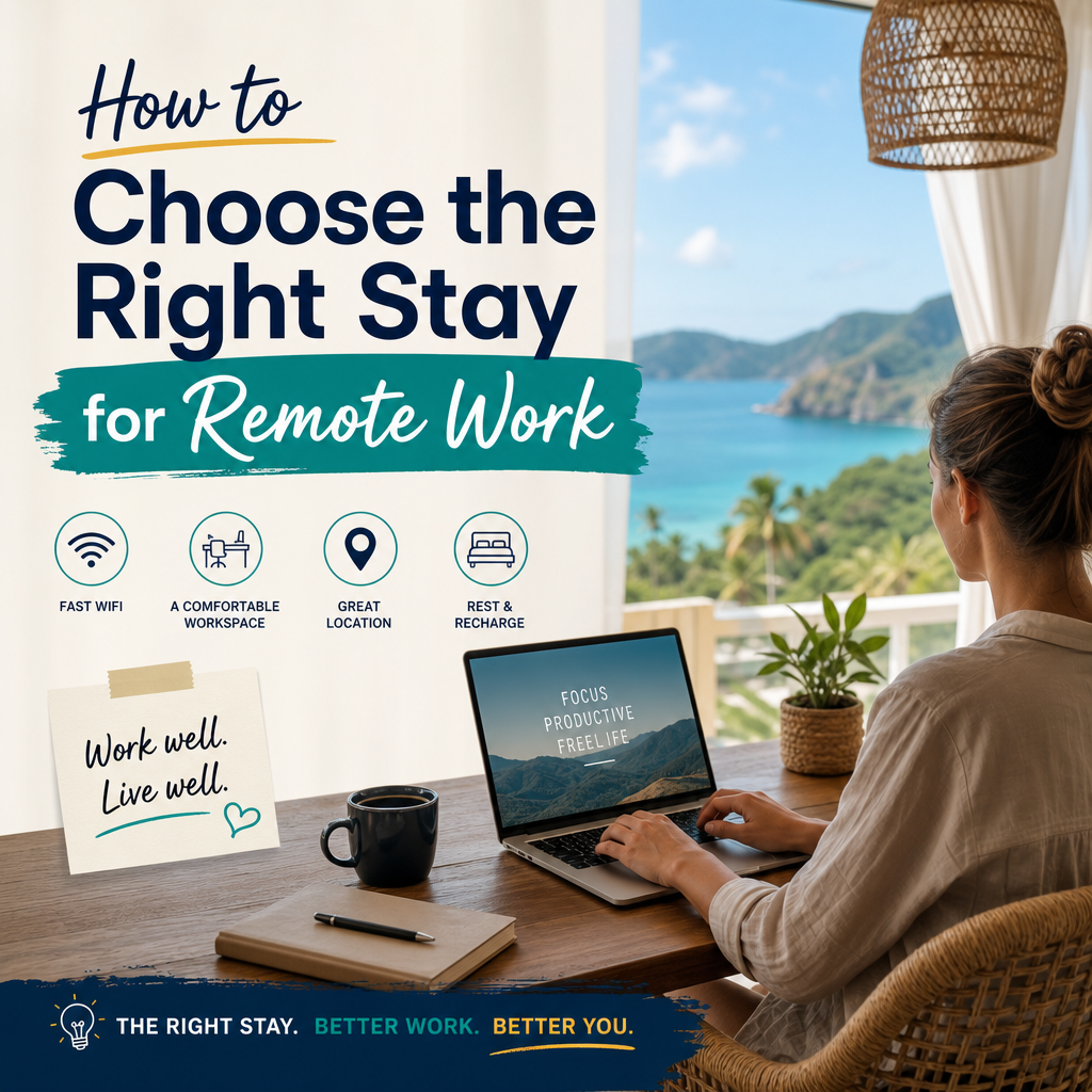 Checklist for choosing a remote work stay: fast WiFi, comfortable workspace, great location, and rest options