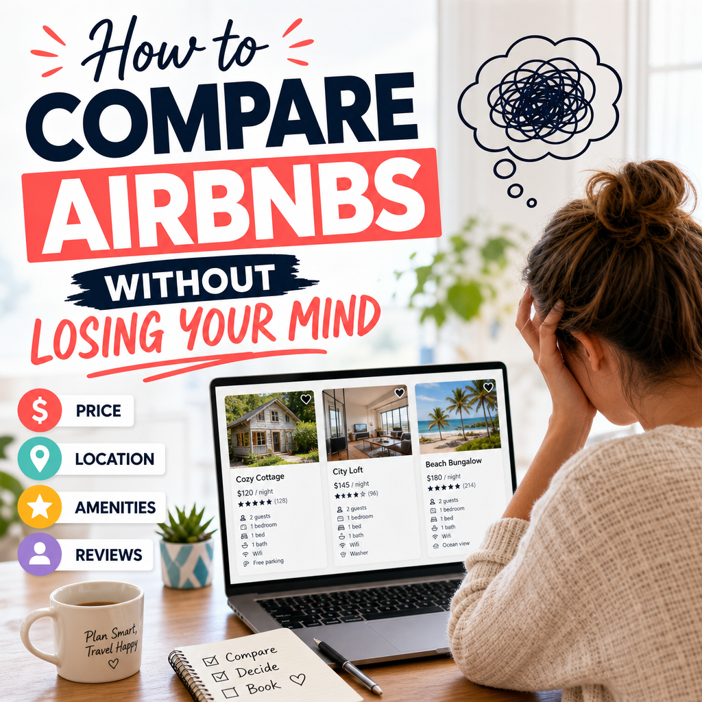 Woman comparing Airbnb listings on a laptop, focusing on price, location, amenities, and reviews.