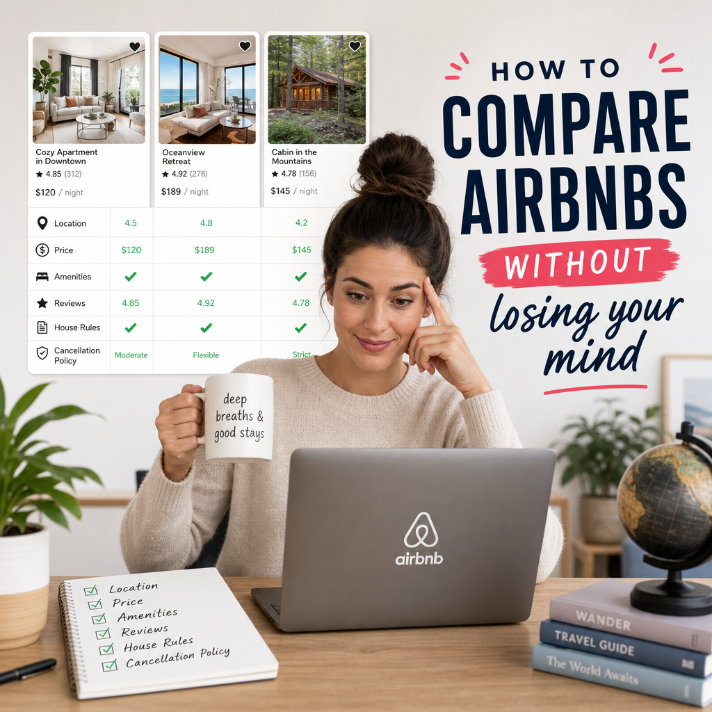 Woman comparing Airbnb listings on a laptop to choose the best stay