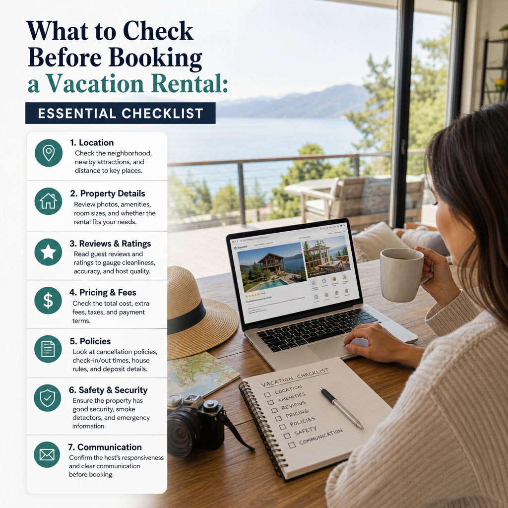 Checklist of key things to check before booking a vacation rental for a safe, enjoyable stay.