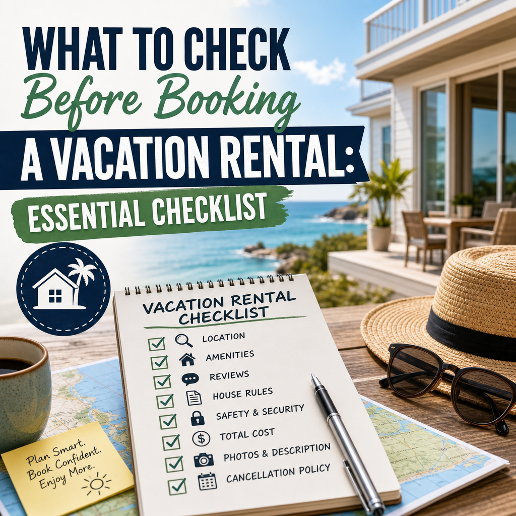 Checklist for booking a vacation rental, covering location, amenities, reviews, and safety.