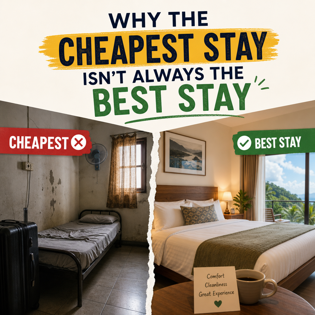 Split image of a shabby hotel room and a comfortable, upscale hotel room for comparison