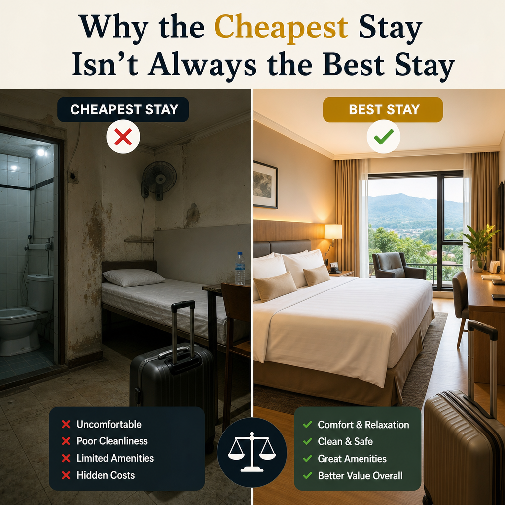 Split image showing a rundown budget hotel room beside a clean, comfortable, and safe best-value hotel room.
